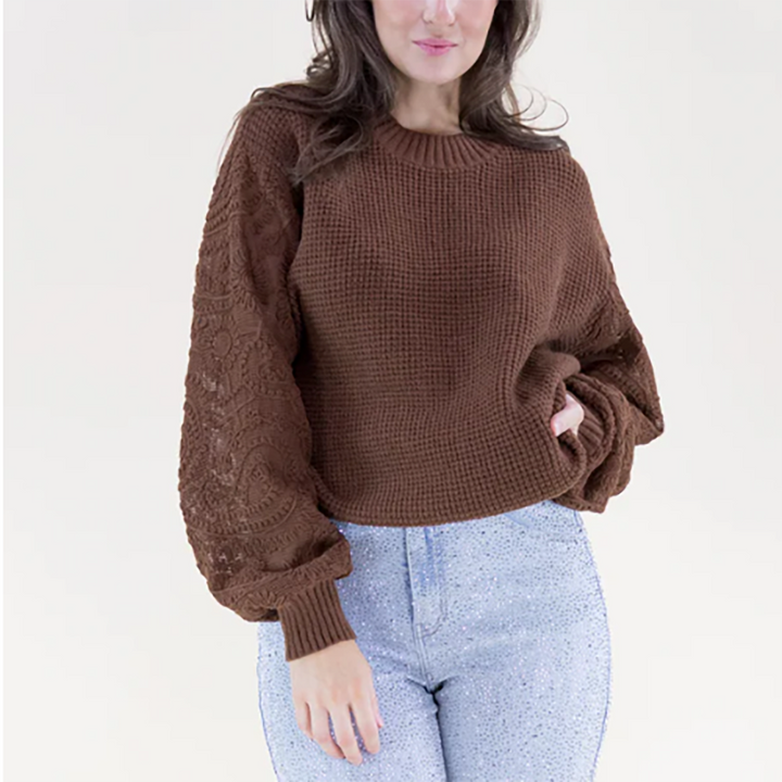 Waffle Stitch Floral Embroidered Sleeves Sweater Brown