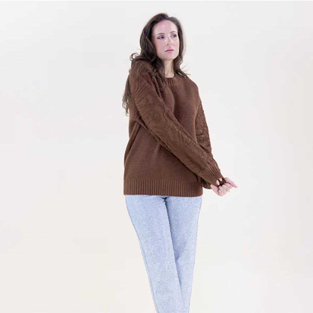 Waffle Stitch Floral Embroidered Sleeves Sweater Brown