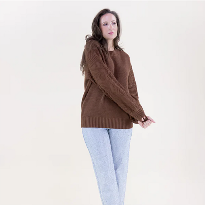 Waffle Stitch Floral Embroidered Sleeves Sweater Brown