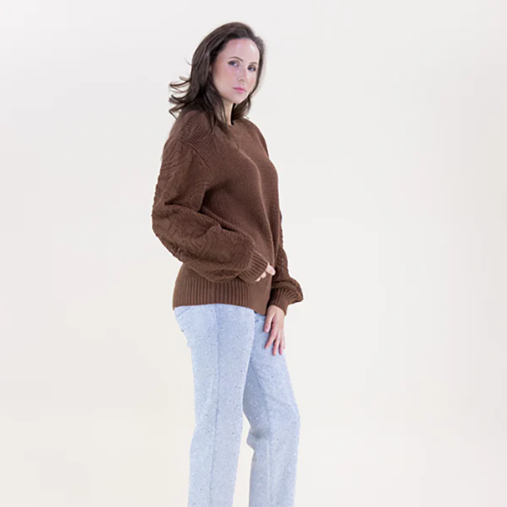 Waffle Stitch Floral Embroidered Sleeves Sweater Brown