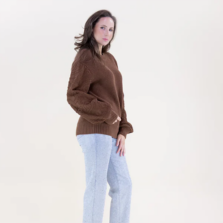 Waffle Stitch Floral Embroidered Sleeves Sweater Brown