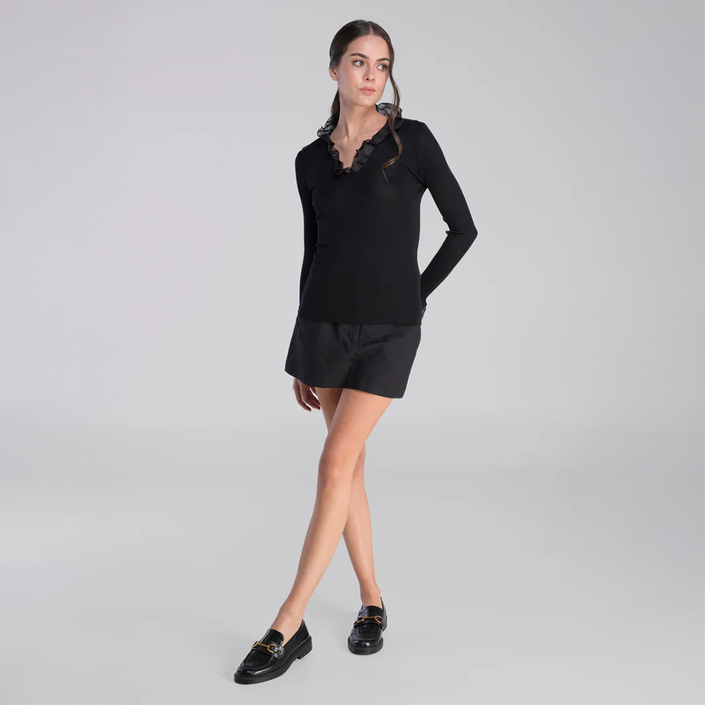 Wool and Silk Long Sleeves Shirt with Chiffon Black