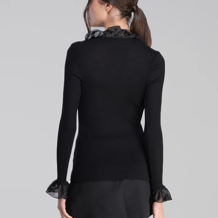 Wool and Silk Long Sleeves Shirt with Chiffon Black