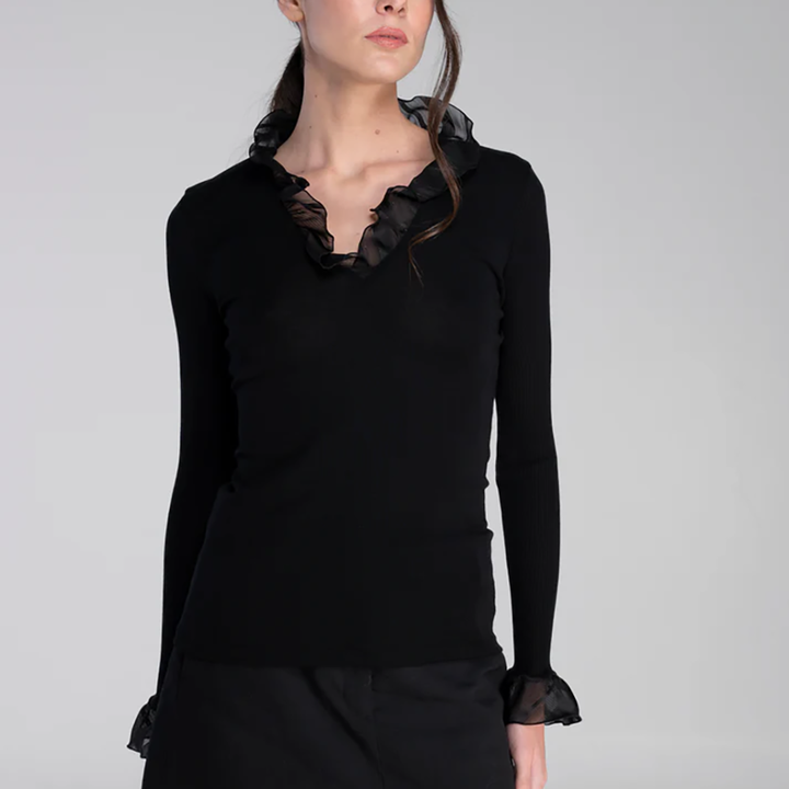 Wool and Silk Long Sleeves Shirt with Chiffon Black