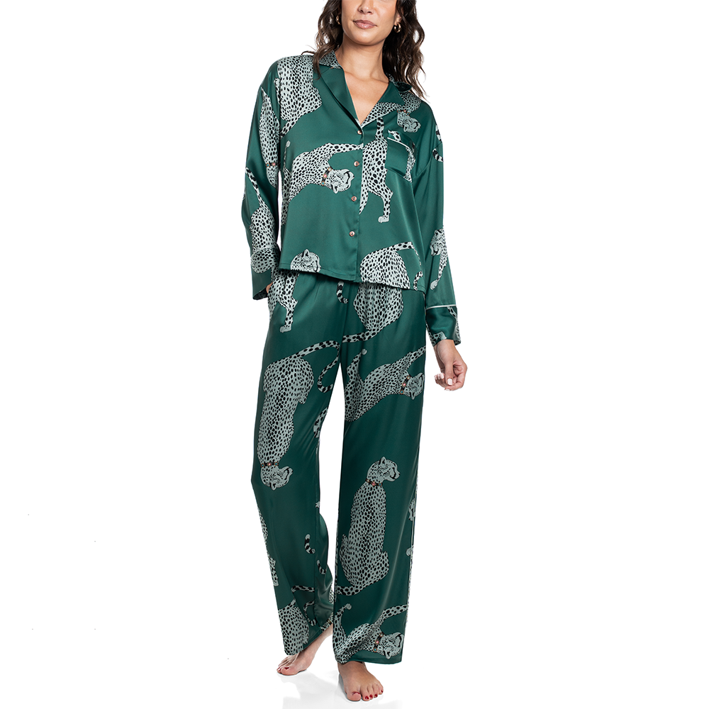 Satin Notch Lapel Pajamas Green RSW145