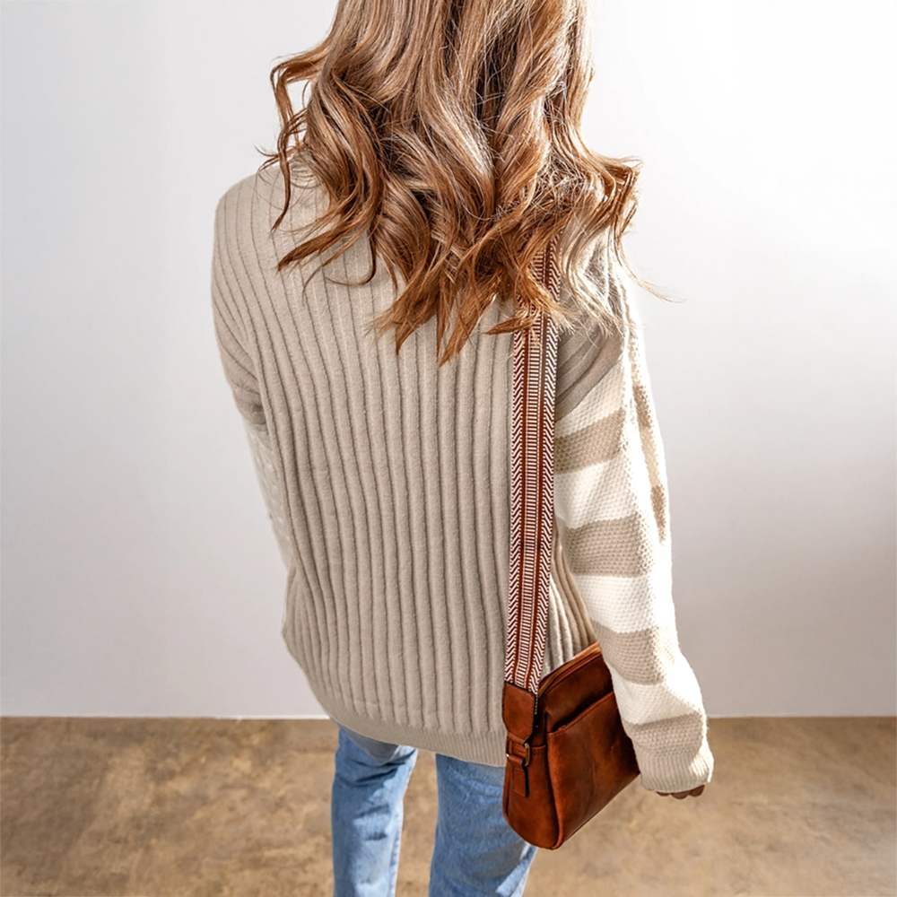 Cable Knit Color Block Crew Neck Sweater Khaki