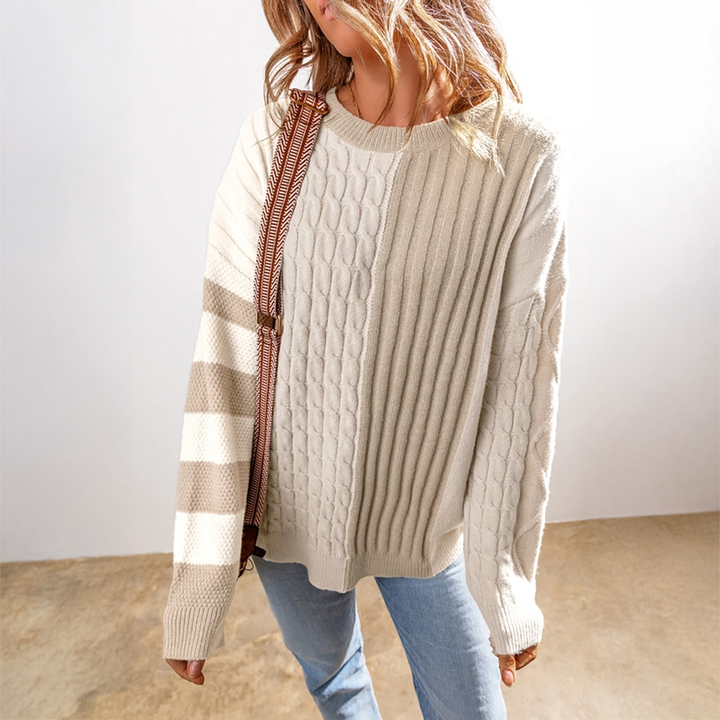 Cable Knit Color Block Crew Neck Sweater Khaki