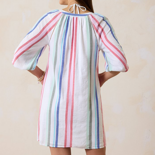 Multi-Stripe Split-Neck Dress