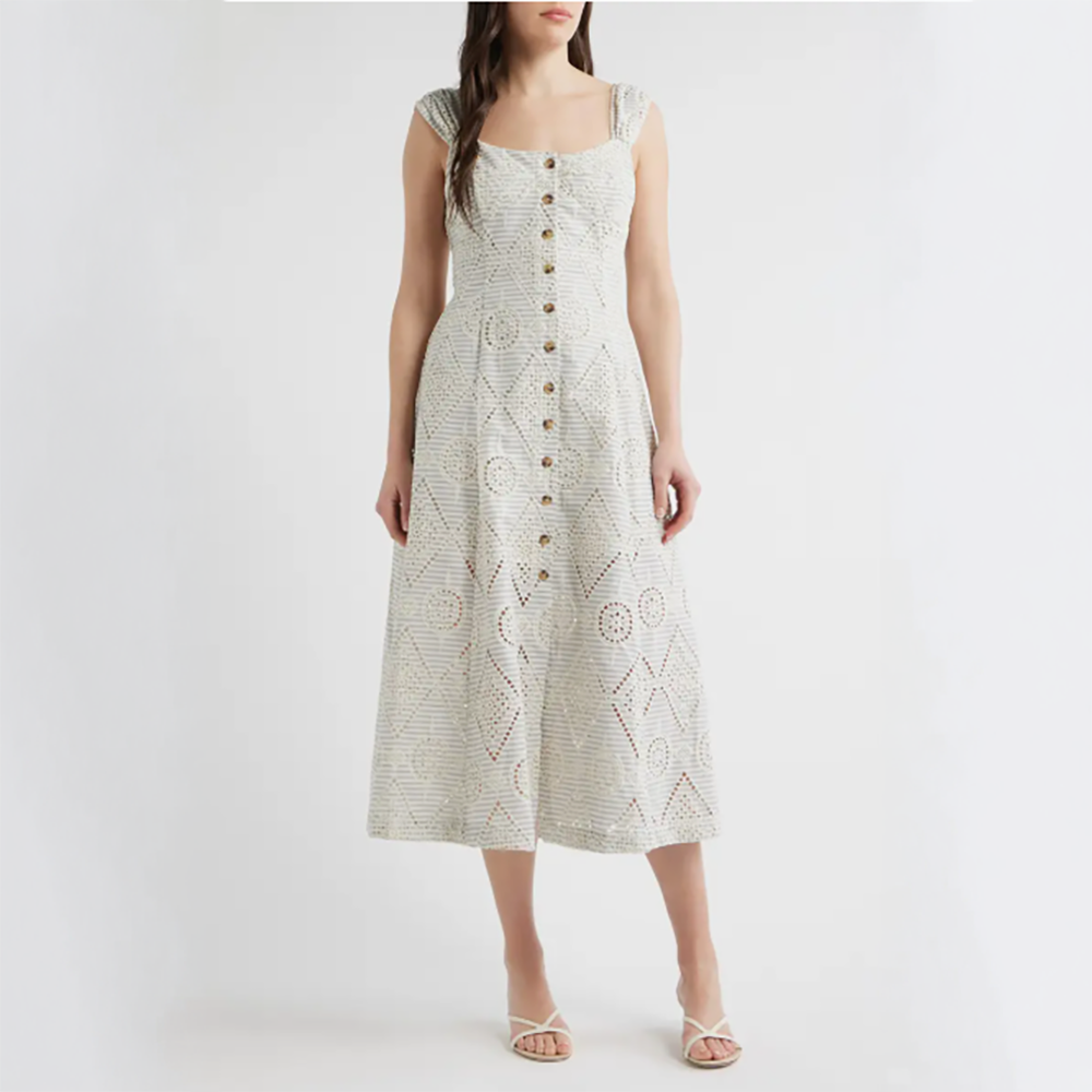Eyelet Detail Stripe Dress Cream
