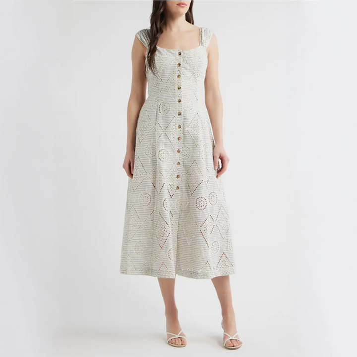Eyelet Detail Stripe Dress Cream