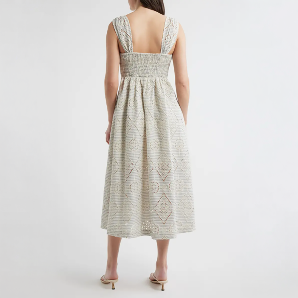 Eyelet Detail Stripe Dress Cream