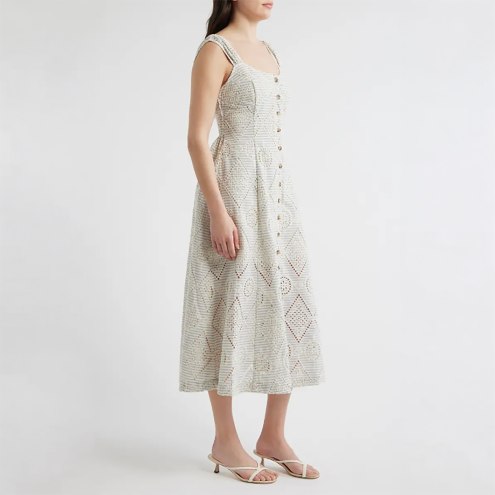 Eyelet Detail Stripe Dress Cream