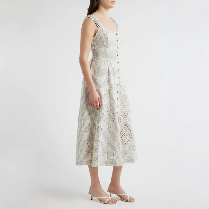 Eyelet Detail Stripe Dress Cream
