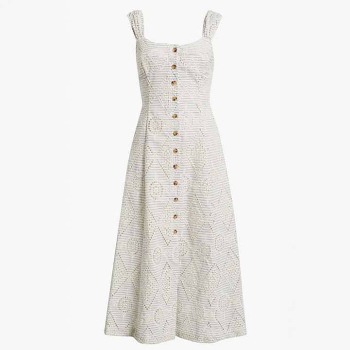 Eyelet Detail Stripe Dress Cream