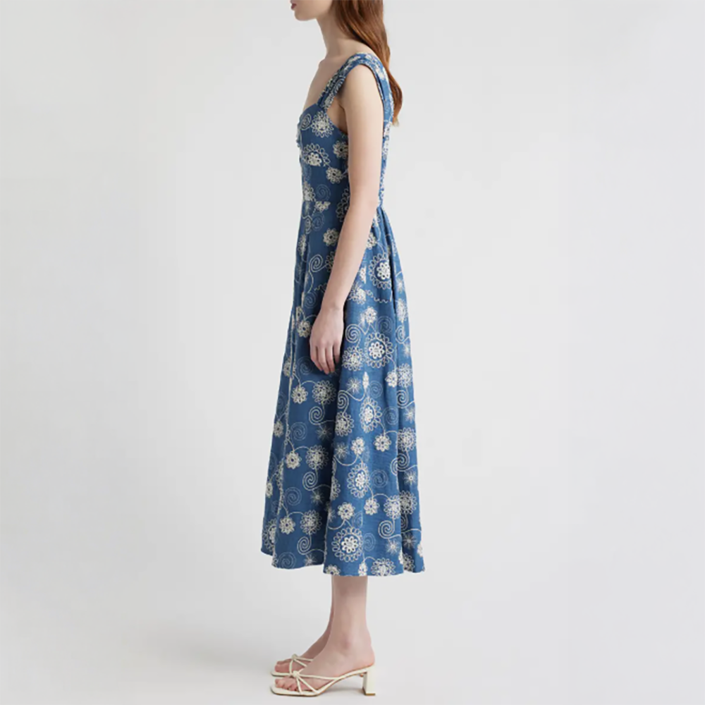 Embroidered Cap Sleeve Chambray Midi Dress