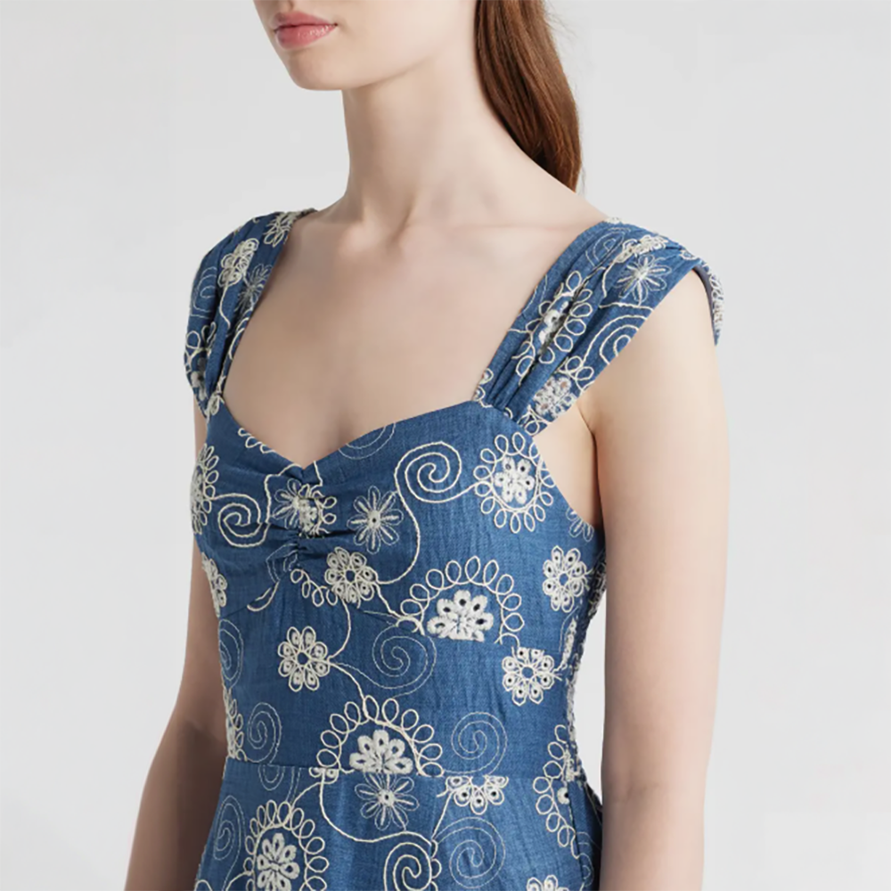 Embroidered Cap Sleeve Chambray Midi Dress