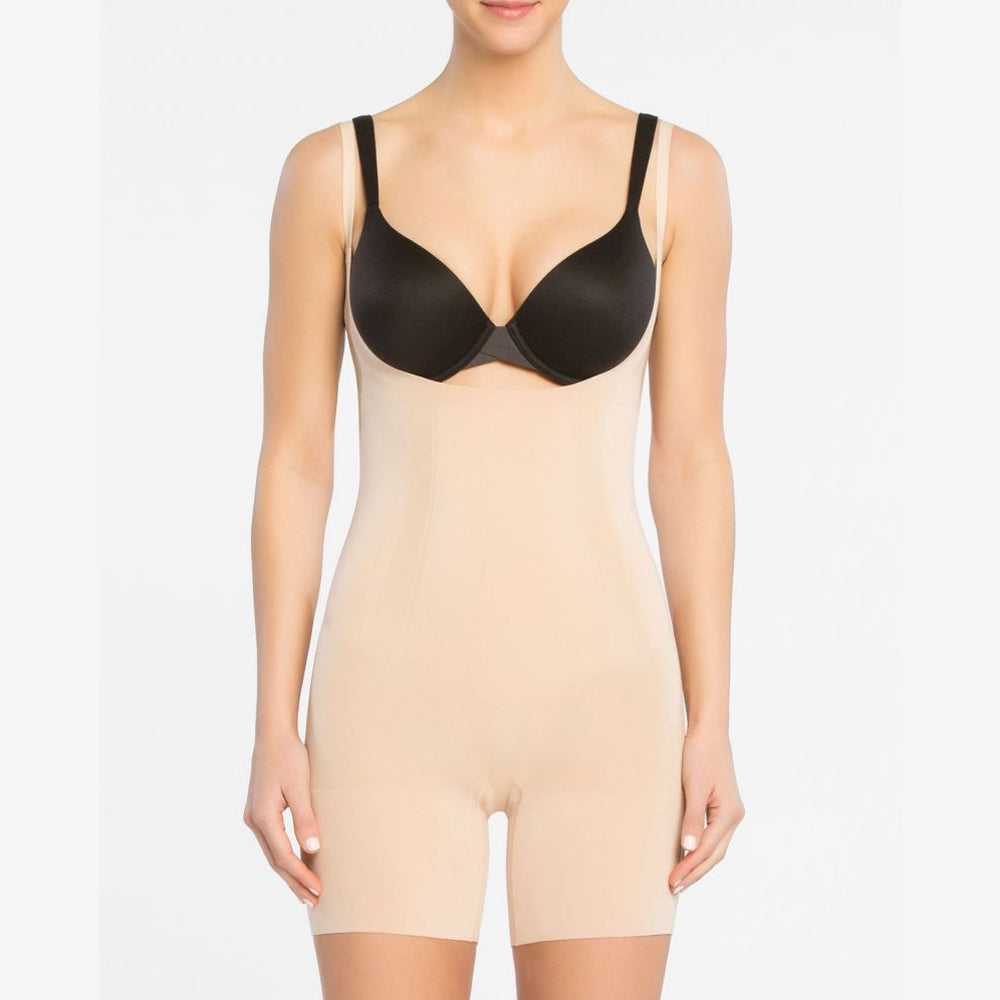 Spanx Open Bust Mid Thigh Bodysuit Tan Nude Convertible